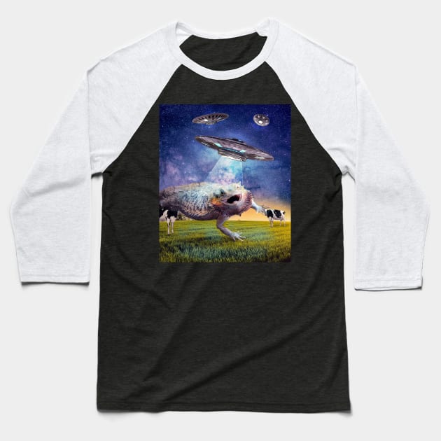 Bearded Dragon Lizard UFO Abduction Baseball T-Shirt by Random Galaxy